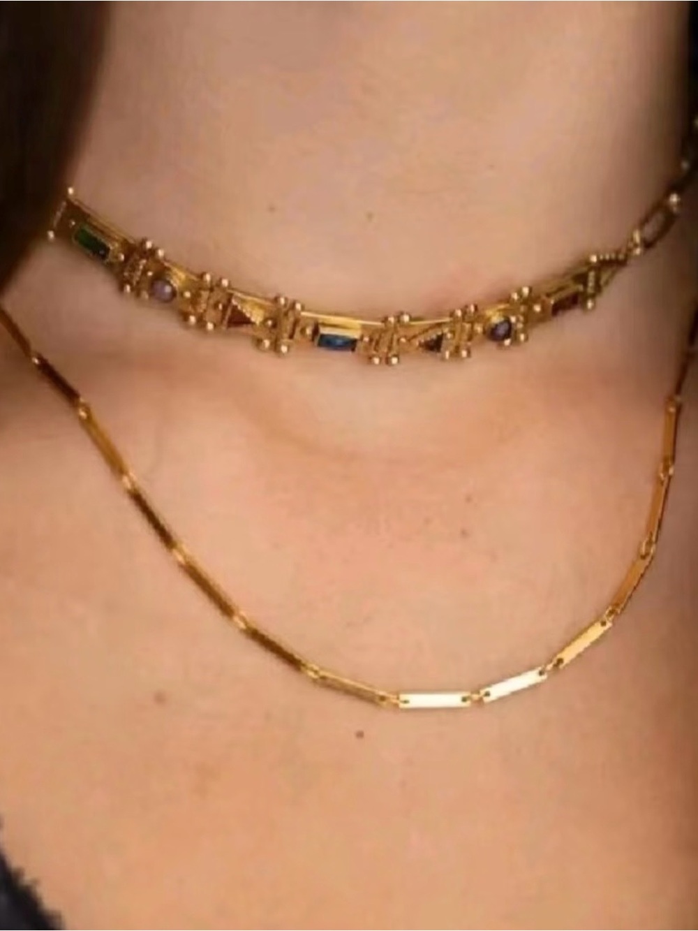 14K Gold Filled Layered Necklace Set Gemstone Choker S925 Geometric Chain 2pc